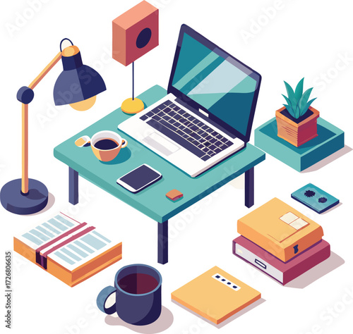 Isometric Work from Home Laptop Desk Setup with Coffee and Office Items