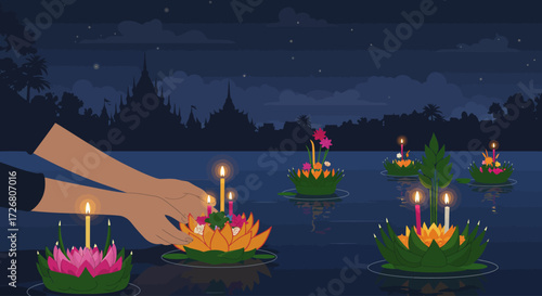 This flat design illustration captures the serene beauty of the Loi Krathong festival, showing hands gently placing traditional floral krathongs onto the water under a night sky.