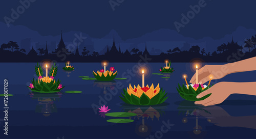 This flat design illustration captures the serene beauty of the Loi Krathong festival, showing hands gently placing traditional floral krathongs onto the water under a night sky.