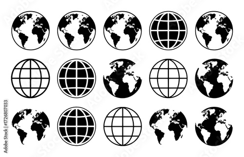 Collection of Globe Icons: Continents and Grids, Black and White