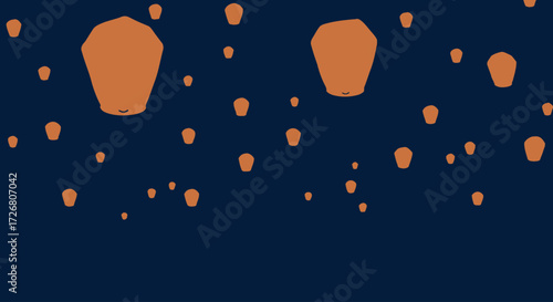 A vibrant flat design illustration depicting numerous sky lanterns (Khom Loi) ascending into the dark night sky, symbolizing hope and good fortune during a traditional festival. 