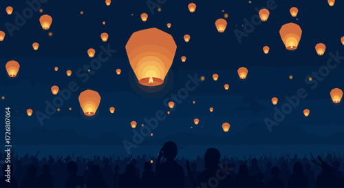 A vibrant flat design illustration depicting numerous sky lanterns (Khom Loi) ascending into the dark night sky, symbolizing hope and good fortune during a traditional festival. 