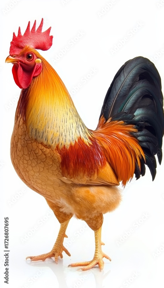 Fototapeta premium Majestic Rooster Strutting Proudly Against a Clean White Background, Symbolizing Farm Life