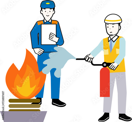 火災訓練を行う人物とそれを見守る消防士のイラスト