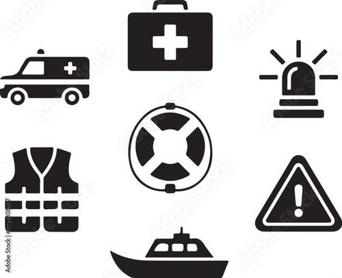Emergency rescue safety icons boat ambulance life preserver vest