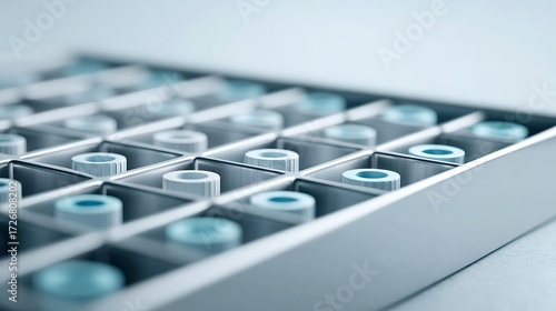 Close-up of cryogenic storage box containing neatly labeled biochemical sample vials