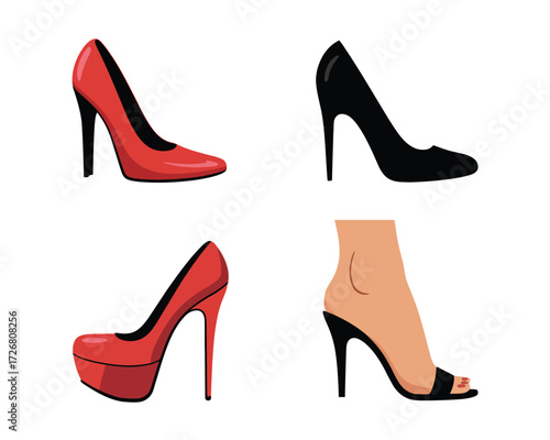 Collection of four stylish high heel shoes in red and black