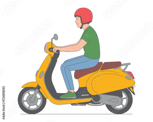 Man wearing helmet riding a yellow scooter on white background