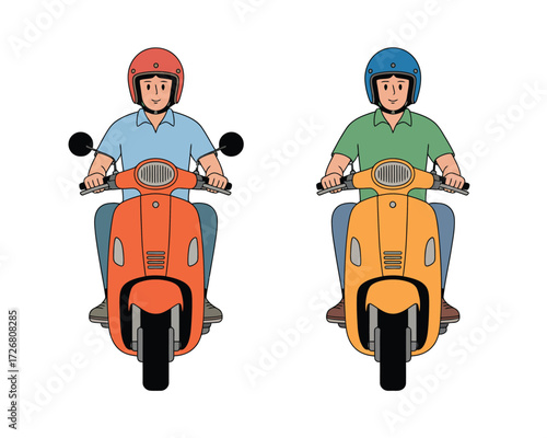 Two people riding scooters wearing helmets and casual clothing