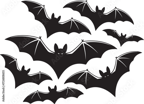 A swarm of silhouetted bats in flight against a white background