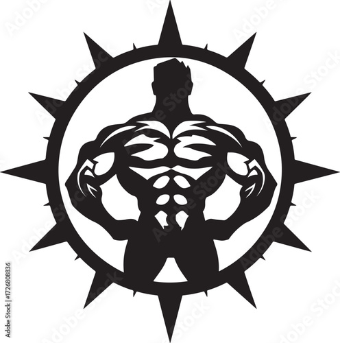 Muscular Man Silhouette Emblem with Spiked Circular Border and Defined Abs muscle man logo