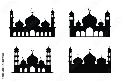 Collection of islamic mosque silhouettes with domes and minarets