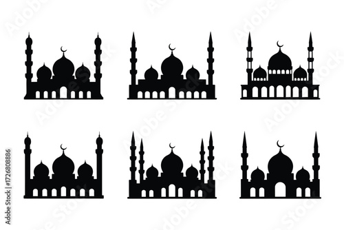 Collection of silhouette mosques with minarets and domes