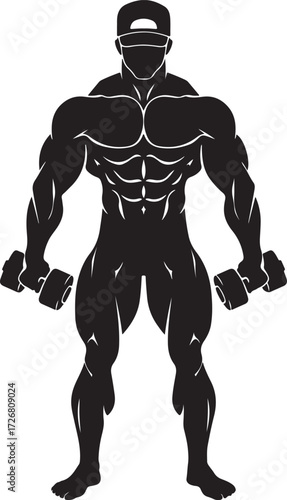 Muscular Man Silhouette with Dumbbells and Baseball Cap, Detailed Abs muscle man fitness