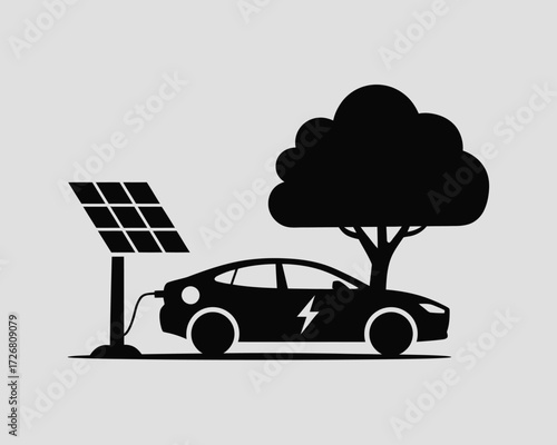 Silhouette of an electric car charging from a solar panel next to a tree