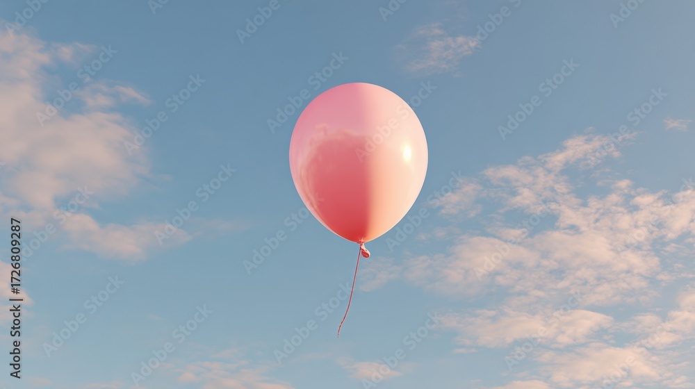 Obraz premium Solitary Pink Balloon Floating Upward in a Bright Blue Sky with Wispy White Clouds