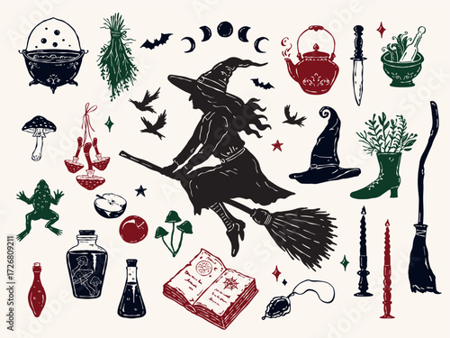Vintage Halloween vector set with witch attributes: broom, cauldron, hat, black cat, fly agaric, candles, herbs, magic book, amulet and witch shoe. Hand drawn colorful spooky illustrations
