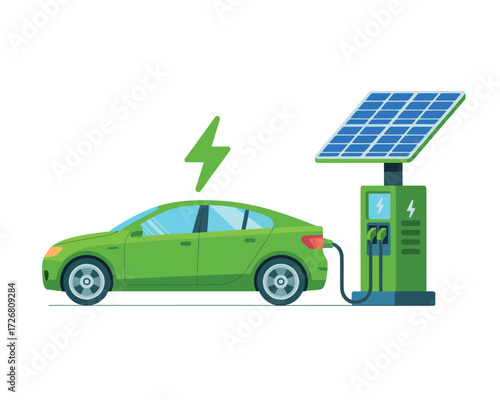 Green electric car charging at solar powered station with lightning bolt symbol