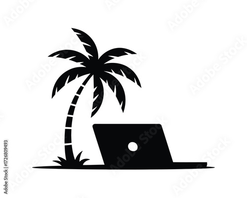 Silhouette of a laptop and palm tree on a white background