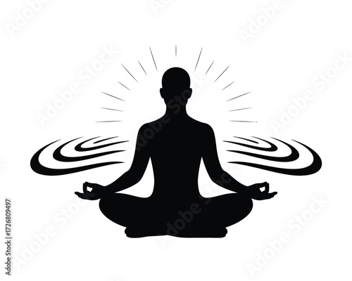 Silhouette of a person meditating with radiating light and swirling energy