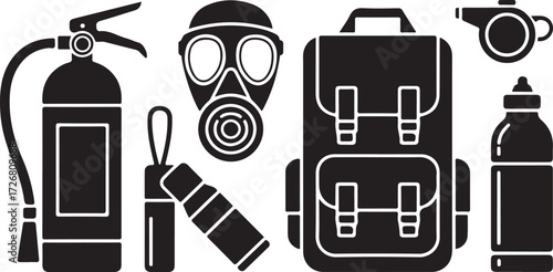 Survival gear essentials: pack, mask, extinguisher, water bottle