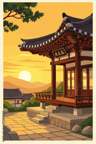 Serene Korean temple pavilion bathed in warm golden sunset light, evoking peace and cultural heritage.