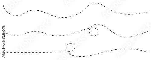 Hand drawn curve dotted line. Curly dotted line. Long dashed hand drawn squiggle. Dotted spiral curve line.