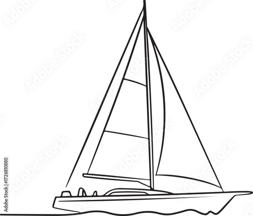 Continuous line drawing of a minimalist sailboat gracefully moving on the water, an abstract outline illustration perfect for nautical themes