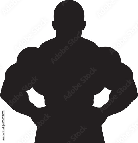 Silhouette of a muscular bodybuilder with hands on hips facing forward strong fitness