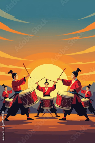 Dynamic drummers in traditional attire perform a powerful synchronized rhythm against a vibrant sunset sky, evoking energy and cultural celebration.