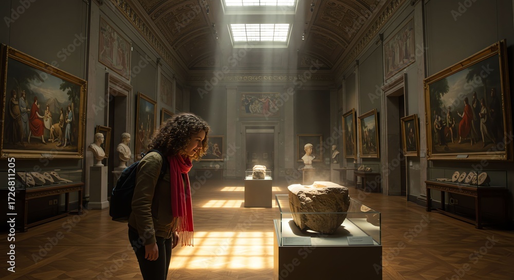 Fototapeta premium Woman with Curly Hair Wearing Red Scarf Observing Ancient Sculpture in Art Museum with Sunlight Streaming Through Skylight