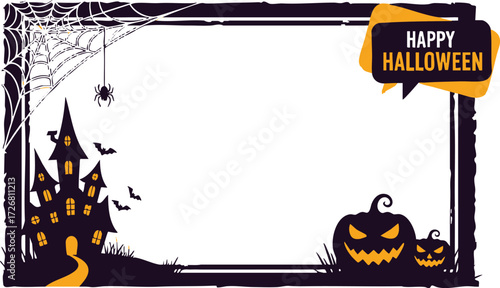 Halloween frame isolated on white background with haunted house and pumpkins