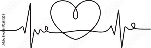 Heartbeat Line Art Continuous Line Drawing of Heart with Pulse Wave for Medical and Healthcare Concepts