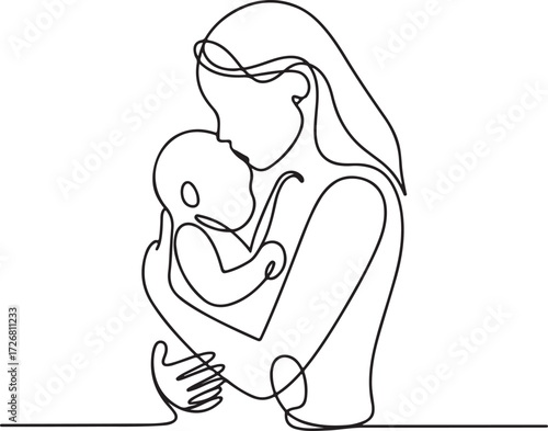 Minimalist continuous line drawing of a mother lovingly holding her newborn baby, symbolizing family connection and tender maternal care