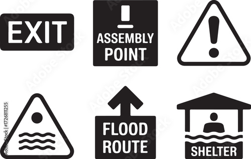 Safety signs for emergency, exit, flood route and shelter