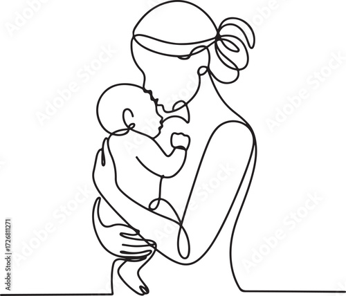 Continuous line drawing Mother cradling baby, depicting family love and emotional connection