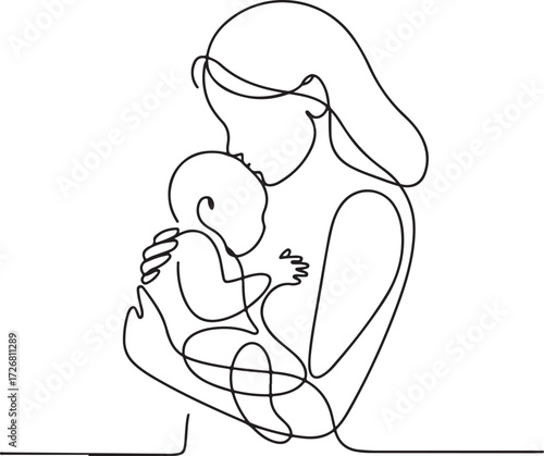 Continuous one line drawing of a mother tenderly holding her newborn baby, an abstract symbol of love and family