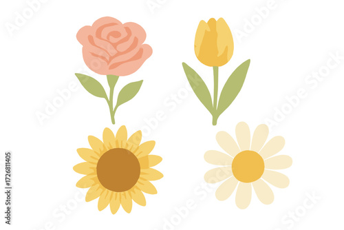 Colorful digital illustrations of four flowers featuring a rose, tulip, sunflower, and daisy on a simple white background