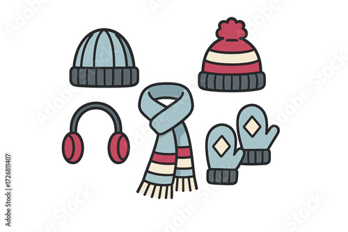 Warm winter accessories including hats, scarf, mittens, and headphones for chilly outdoor activities