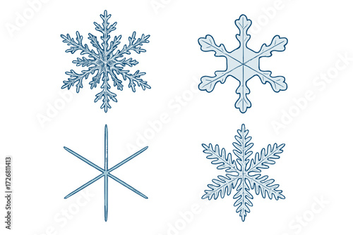 Different styles of snowflakes created with clear lines and symmetrical designs, showcasing winter beauty and natural patterns in blue colors