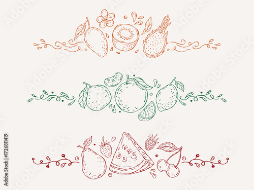 Set of hand drawn vector borders, Fruit Composition with Decorative Flourishes, including mandarin, orange, lemon, mango, kiwi, dragon fruit, watermelon, pear, raspberry, strawberry, and cherry