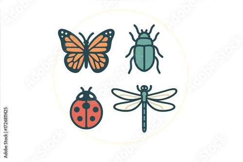 Colorful illustrations of insects featuring a butterfly, beetle, ladybug, and dragonfly in a playful design
