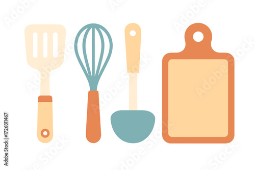 Cooking utensils and tools arranged on a clean surface for meal preparation in a cozy kitchen setting