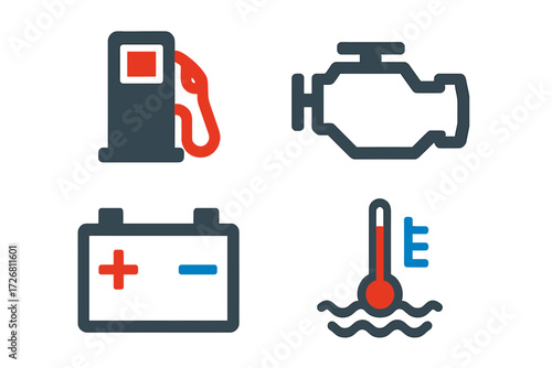 Dashboard symbols indicating fuel, engine issues, battery status, and temperature for vehicle maintenance