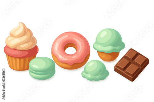 Sweet treats on a table featuring cupcakes, donuts, ice cream, macarons, and chocolate candies displayed in vibrant colors