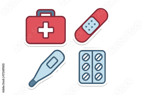 Colorful medical symbols including a first aid kit, thermometer, band-aid, and medicine pack are shown in a flat design layout
