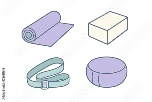 Yoga equipment for home practice includes mat, block, strap, and cushion for comfort and support during sessions