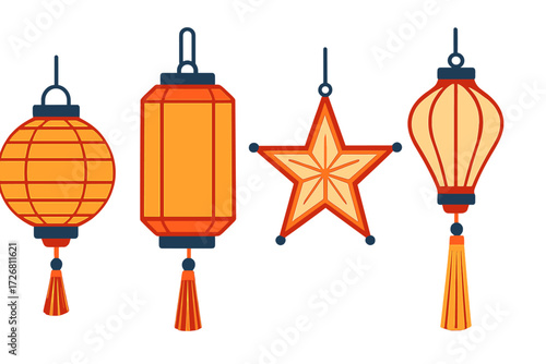 Colorful lanterns of different shapes hanging together for a festive celebration in a bright atmosphere