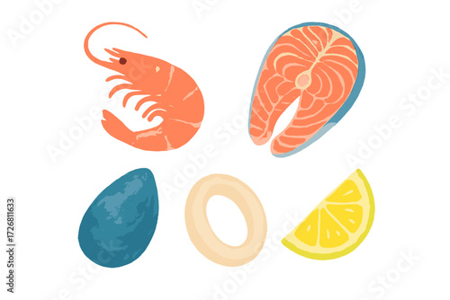Colorful seafood illustration featuring shrimp, salmon, mussel, calamari, and lemon slice on a clean background