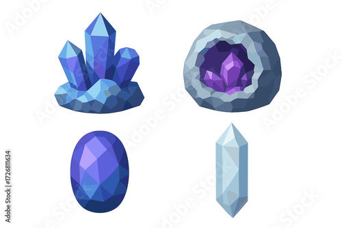 Colorful 3D geometric crystals and gemstones in various shapes and sizes arranged on a clean background